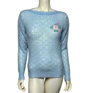 Vintage 1960s Mister NOAH Baby Blue Mohair Floral Embroidered Sweater Size L